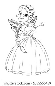 Beautiful fairy joker with a magic wand in her hands vector contour