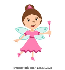 Beautiful fairy with magic wand in cartoon style isolated on white background