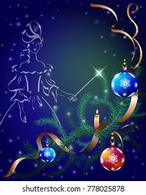 A beautiful fairy with a magic wand lights a Christmas tree