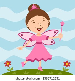 Beautiful fairy with a magic wand on a flower meadow