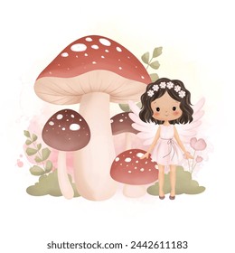 Beautiful Fairy and Mushrooms at Garden with Leaves