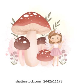 Beautiful Fairy and Mushrooms at Garden with Leaves