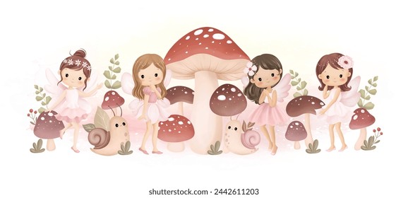 Beautiful Fairy and Mushrooms at Garden with Leaves