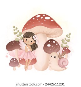 Beautiful Fairy and Mushrooms at Garden with Snail and Leaves