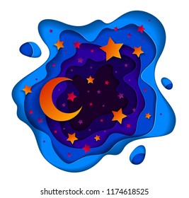 Beautiful fairy night with deep blue and violet curve line abstract shapes and crescent moon with shiny stars, vector modern style paper cut 3d illustration.