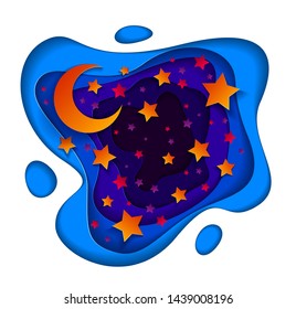 Beautiful fairy night with deep blue and violet curve line abstract shapes and crescent moon with shiny stars, vector modern style paper cut 3d illustration.