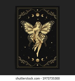 Beautiful fairy or nymph, with engraving, hand drawn, luxury, celestial, esoteric, boho style, fit for spiritualist, religious, paranormal, tarot reader, astrologer or tattoo vector