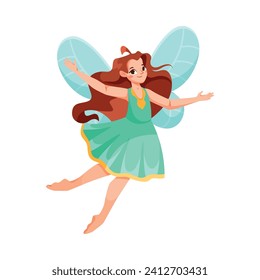 Beautiful Fairy and Pixie in Green Dress with Wings Vector Illustration