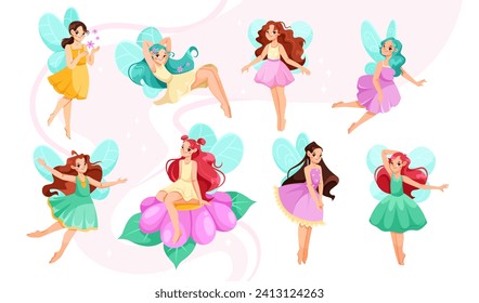 Beautiful Fairy and Pixie with Wings Vector Set