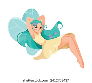 Beautiful Fairy and Pixie in Yellow Dress with Wings Vector Illustration