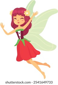 Beautiful fairy with red hair and green wings flies joyfully, spreading magic and happiness. She embodies freedom and innocence, adding grace and elegance to any fantasy project