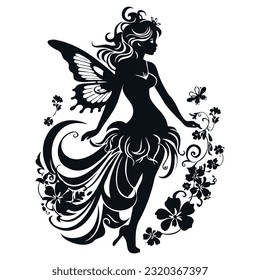 beautiful fairy silhouette. Bkack and white. Vector illustration