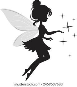beautiful fairy silhouette fly with wings around stars