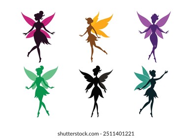 Beautiful Fairy Silhouette Vector Art Illustration Collection" bezieht sich auf eine Reihe von hochwertigen Vektorgrafiken mit bezaubernden Märchensilhouetten. 