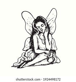 Beautiful fairy sitting and dreaming isolated. Ink black and white doodle drawing in woodcut outline style. Vector illustration