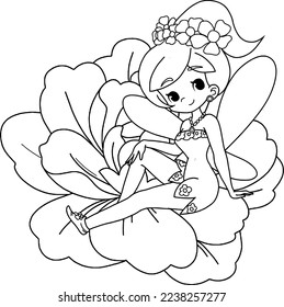 beautiful fairy sitting on the flower. Cartoon  vector illustration isolated on white background,coloring pages,coloring book 