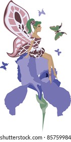 beautiful fairy sitting on an iris with butterflies