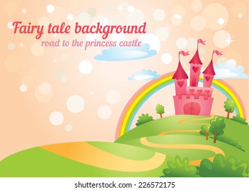 Beautiful fairy tale background with road to princess castle. Vector illustration.