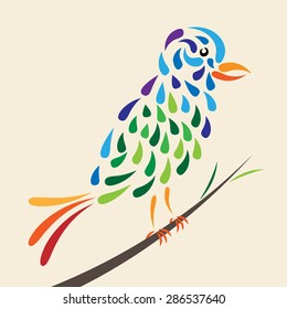 Beautiful fairy tale bird perched on branch. Drop shaped brush strokes. EPS 10 vector illustration, no transparency