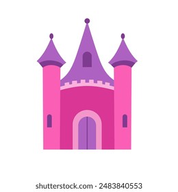 Beautiful fairy tale castle fort vector illustration, pink fantasy princess castle clip art image, medieval magic kingdom building