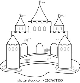 Beautiful fairy tale castle. Vector black and white coloring page