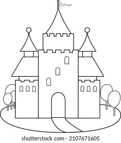 Beautiful fairy tale castle. Vector black and white coloring page