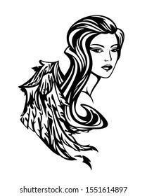 beautiful fairy tale goddess woman with angel wings and long gorgeous hair - black and white fantasy beauty vector portrait design