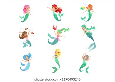 Beautiful fairy tale mermaid princess with colorful hair and taill set of vector Illustrations