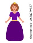 Beautiful fairy tale princess in purple dress. Children illustration. Vector Flat.