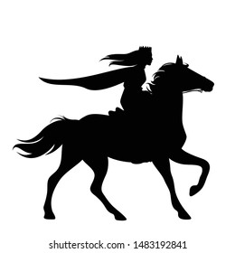 beautiful fairy tale princess riding a horse - horseback woman with crown and flying cloak black vector silhouette