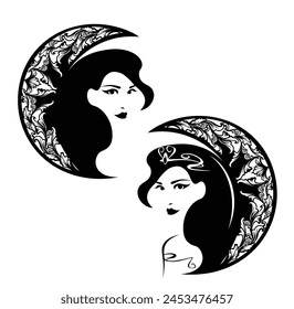 beautiful fairy tale queen or princess head with crescent moon - night time beauty woman black and white handdrawn vector portrait set