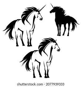 beautiful fairy tale unicorn horse with flying mane and tail - wild stallion black and white vector outline and silhouette