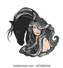 beautiful fairy tale woman with long gorgeous hair and her wild horse friend - art nouveau style  fantasy vector portrait