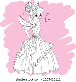 Beautiful fairy unicorn with a magic wings vector contour