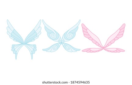 Beautiful Fairy Wings Collection Set, Fantasy Butterfly Wings of Pastel Colors Cartoon Vector Illustration