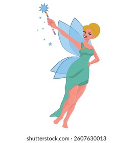 beautiful fairy with wings holding a magic wand, vector illustration.