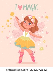 Hermosa hada con alas. Niña pequeña con varita mágica baila ballet. Elemento de diseño para imprimir en ropa infantil y postales. Dibujo vectorial plano de dibujos animados aislado en fondo rosa