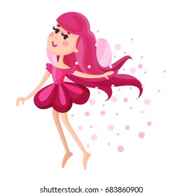 Beautiful fairy with wings, long hair and dress in a dark pink colors flying surrounded by sparks vector Illustration