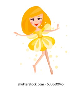 Beautiful fairy with wings, long hair and dress in amber colors flying surrounded by sparks vector Illustration