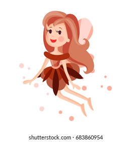 Beautiful fairy with wings, long hair and dress in brown colors flying surrounded by sparks vector Illustration