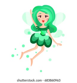 Beautiful fairy with wings, long hair and dress in emerald colors flying surrounded by sparks vector Illustration