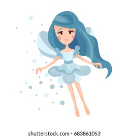 Beautiful fairy with wings, long hair and dress in cornflower blue colors flying surrounded by sparks vector Illustration