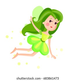 Beautiful fairy with wings, long hair and dress in bright green colors flying surrounded by sparks vector Illustration