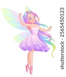 Beautiful fairy with wings and long iridescent hair. Cartoon vector illustration isolated on white background.