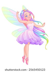 Beautiful fairy with wings and long iridescent hair. Cartoon vector illustration isolated on white background.