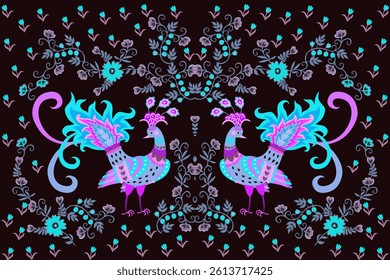 Beautiful fairytale birds and tiny flowers on a rectangular background in the color of dark chocolate.