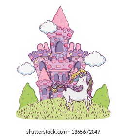 beautiful fairytale castle in the field with unicorn