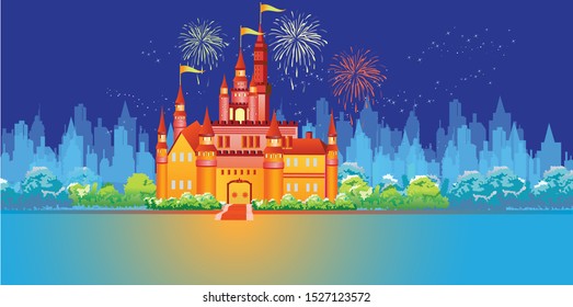 Beautiful fairytale castle illuminated at night. With fireworks and city line. Vector rllustration.