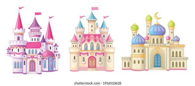 Beautiful fairy-tale castle for princess. Magic kingdom. Vintage Eastern Palace. Wonderland. Isolated cartoon illustration on a white background for stickers. Set of houses. Children's theme. Vector.  - Shutterstock ID 1956510628