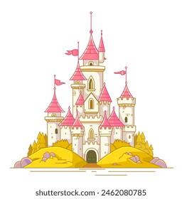Beautiful fairy-tale castle for princess. Magic kingdom. Vintage Eastern Palace. Wonderland. Isolated cartoon illustration on a white background for stickers. Vector.